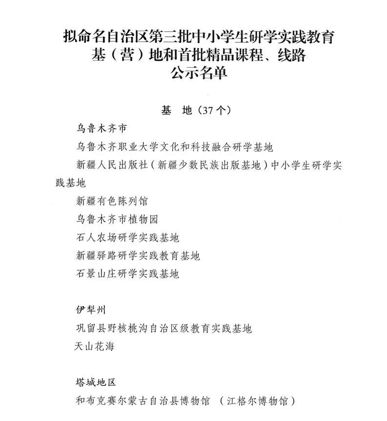 新疆公示第三批研学基（营）地和首批精品课程、线路【附详细名单】